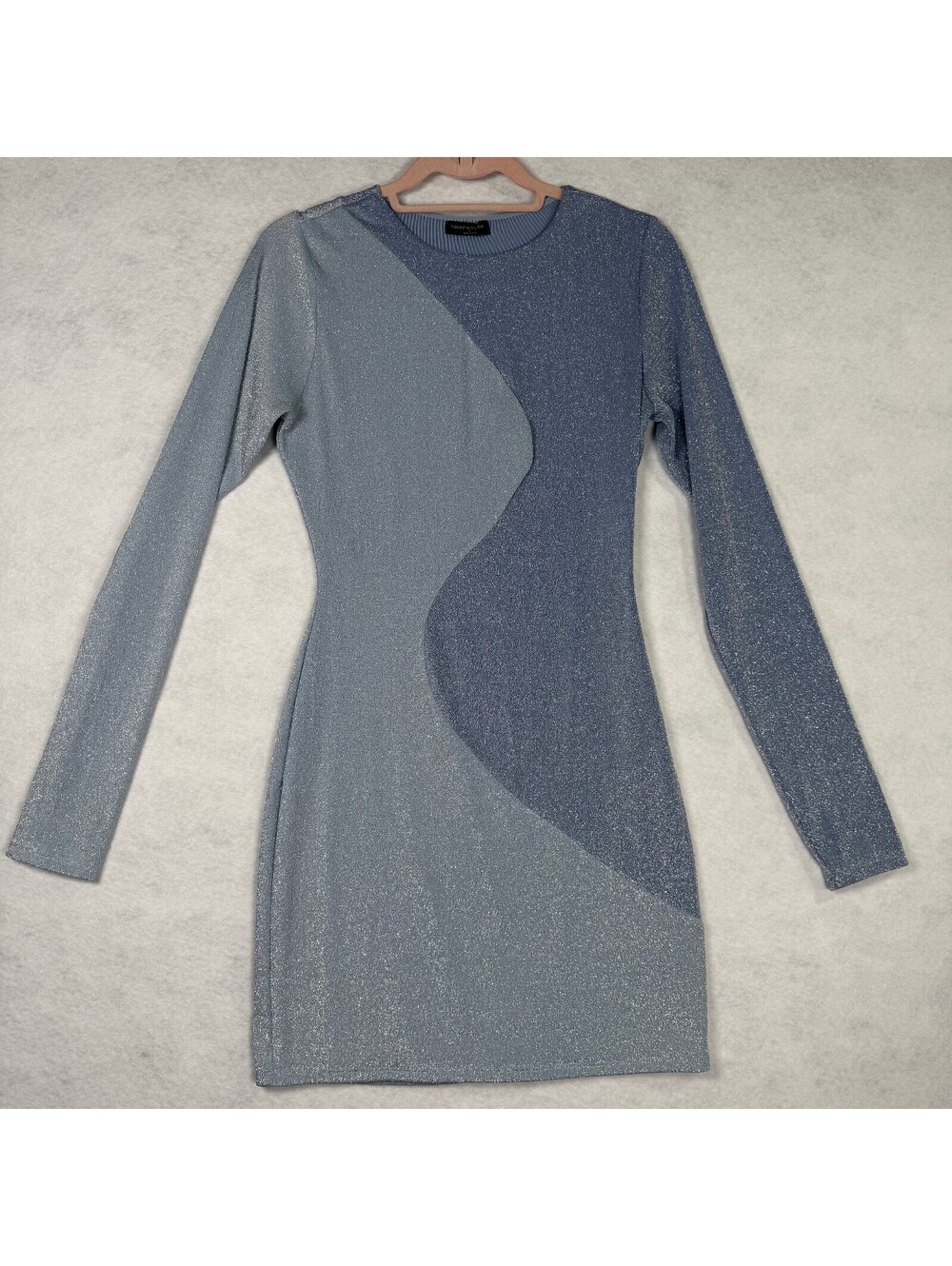Naked Wardrobe Blue Metallic Shimmer Bodycon Mini Dress Long Sleeve Size XL